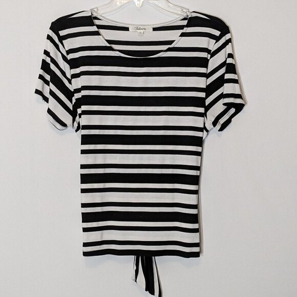 TAKARA Black & White Striped Short Sleeve Tie-Back Knit Top; Size XL - Picture 1 of 4